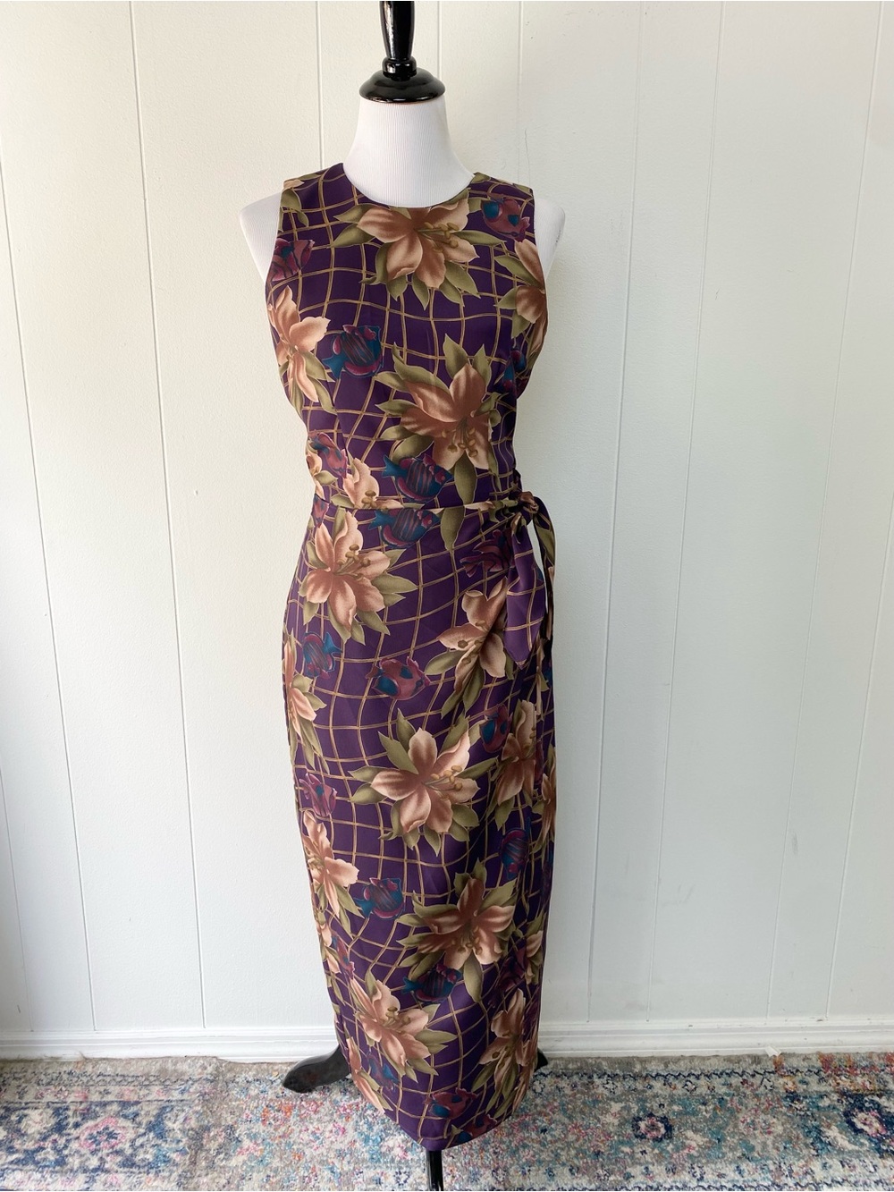 Maggy London Tropical Floral Fish Print Midi Dress Women Size 2/4 90s Sarong Tie